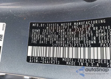 2020 Toyota Corolla Le from USA, damaged, VIN 5YFEPRAE3LP113175